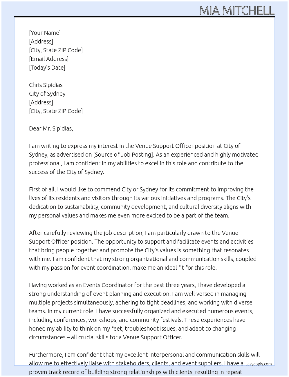 Venue Support Officer At City of Sydney Cover Letter