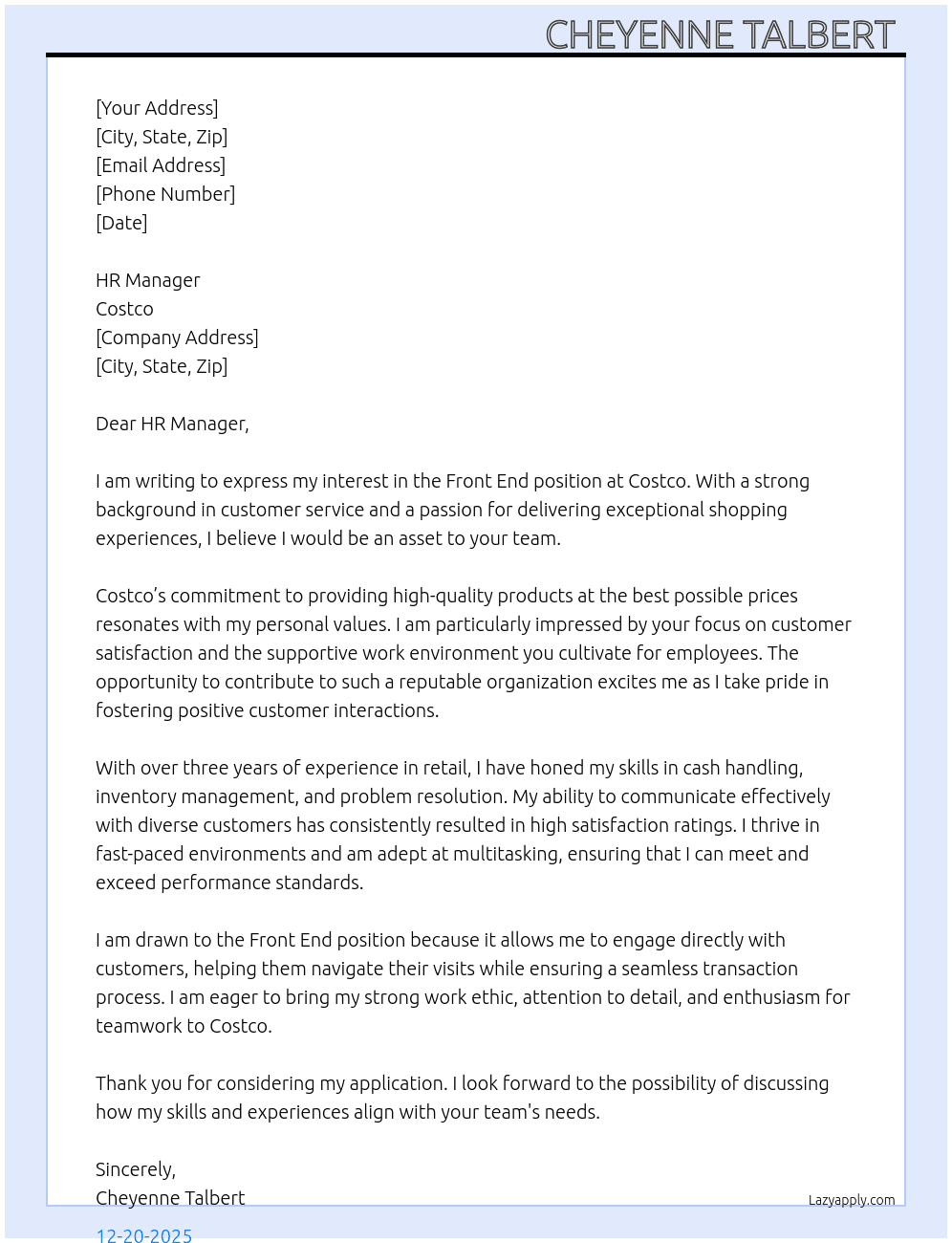 Cover letter for front end - LazyApply