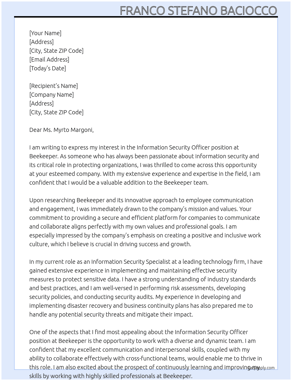 Information Security Officer At Beekeeper Cover Letter