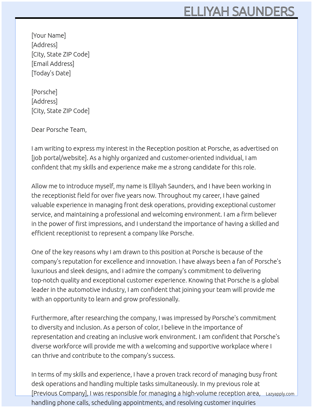 Reception  At Porsche  Cover Letter