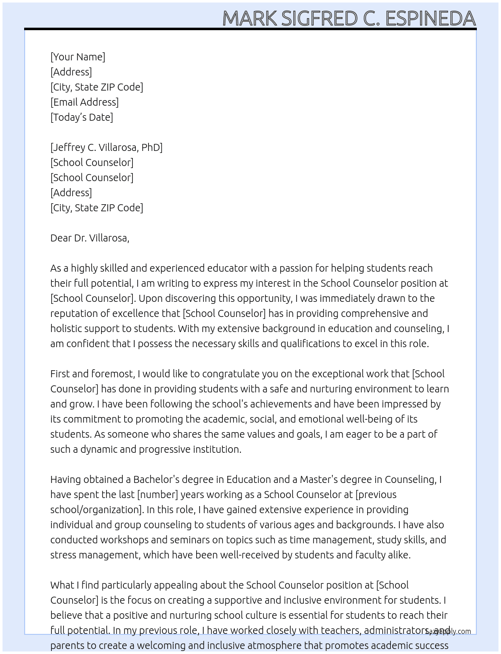 Cover letter for school councilor - LazyApply