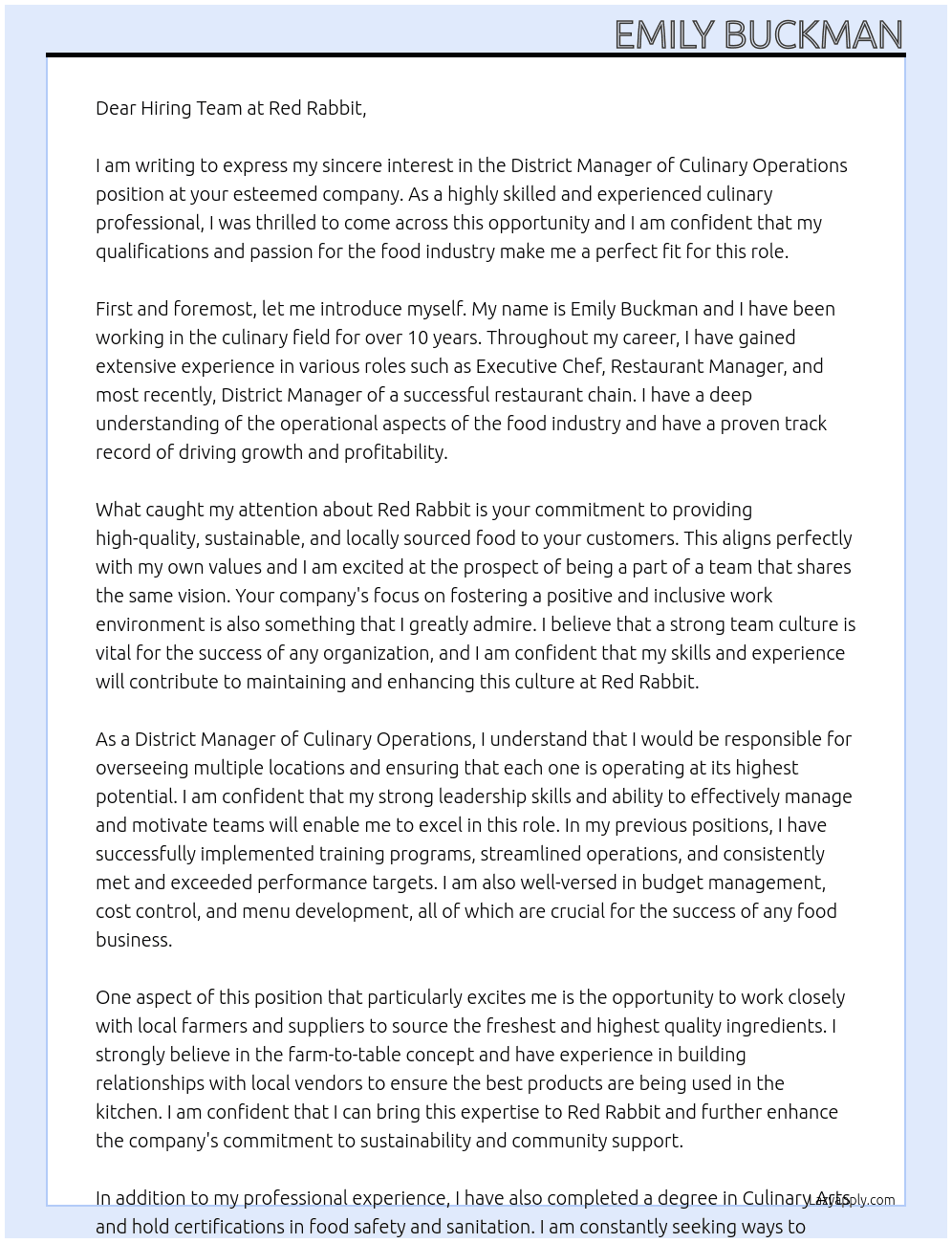 District Manager of Culinary Operations At Red Rabbit Cover Letter
