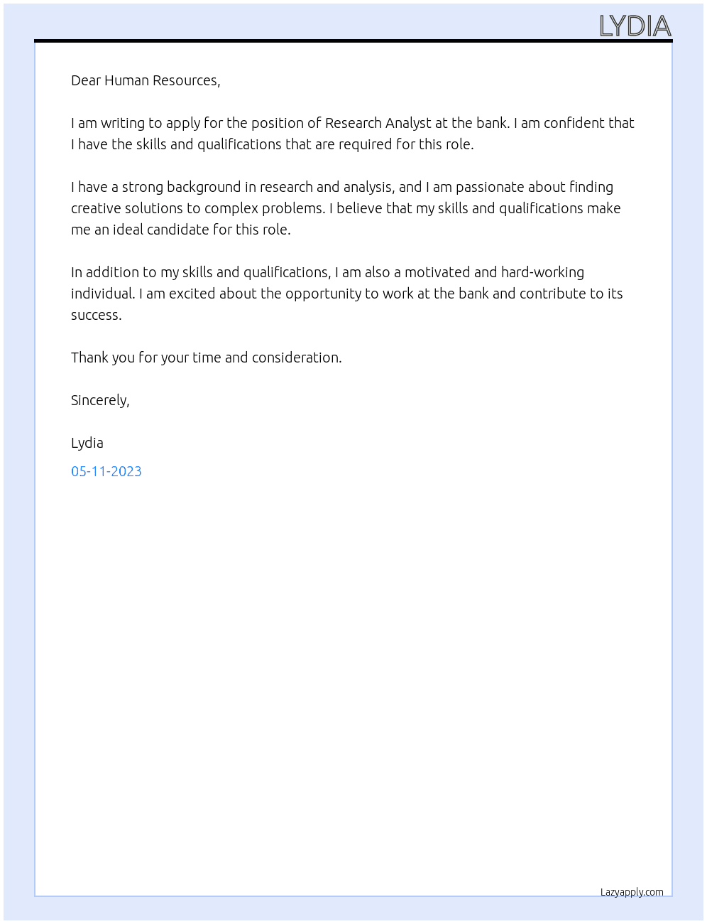research analyst At bank Cover Letter