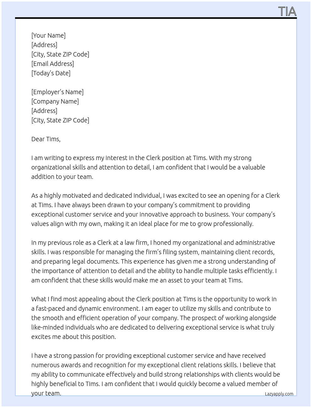 Clerk  At Tims Cover Letter