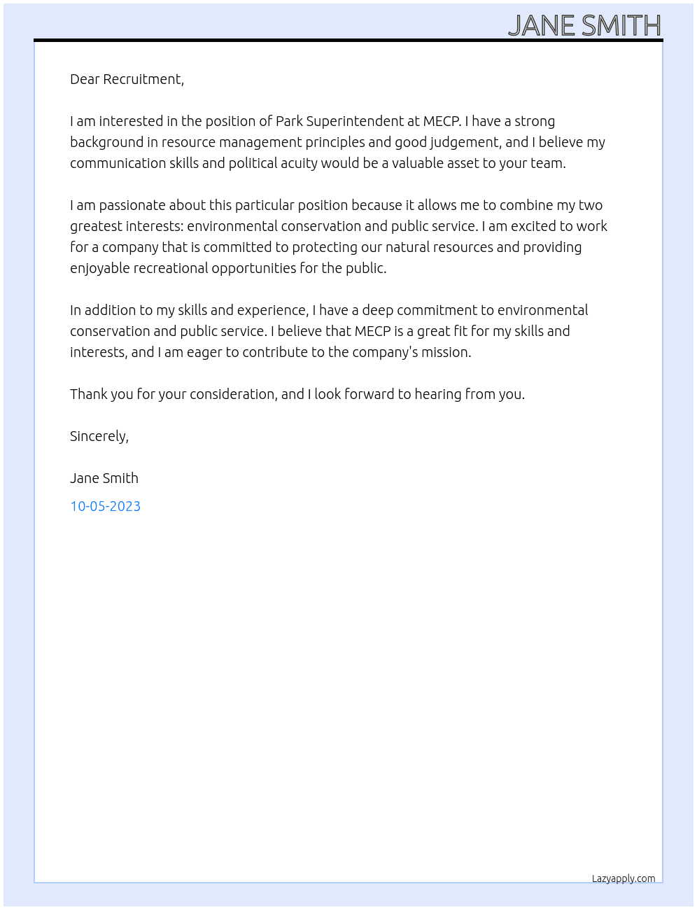 Park Superintendent At MECP Cover Letter