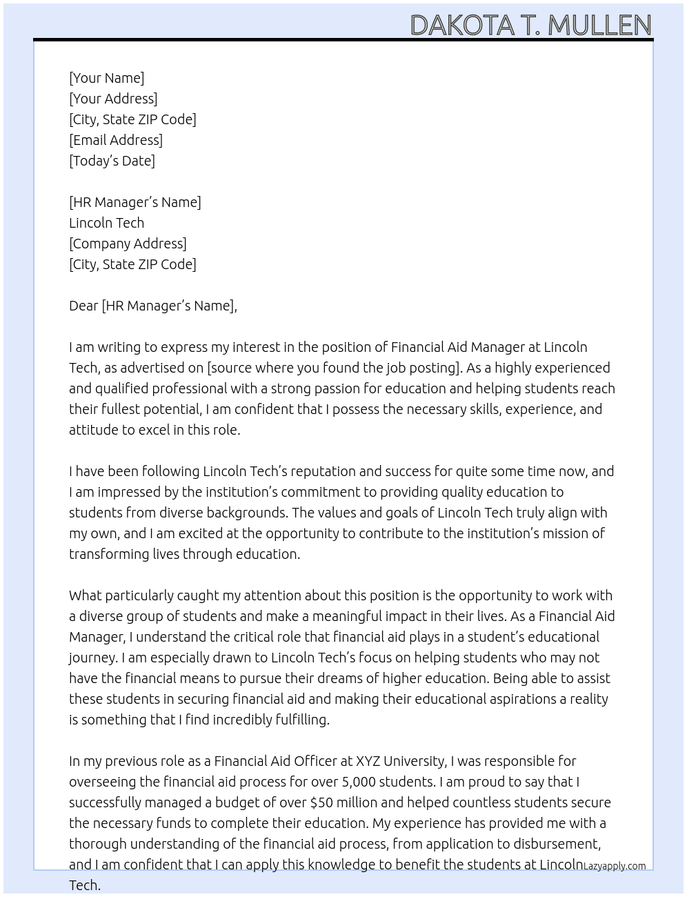 Fiancial Aid Manager At Lincoln Tech Cover Letter