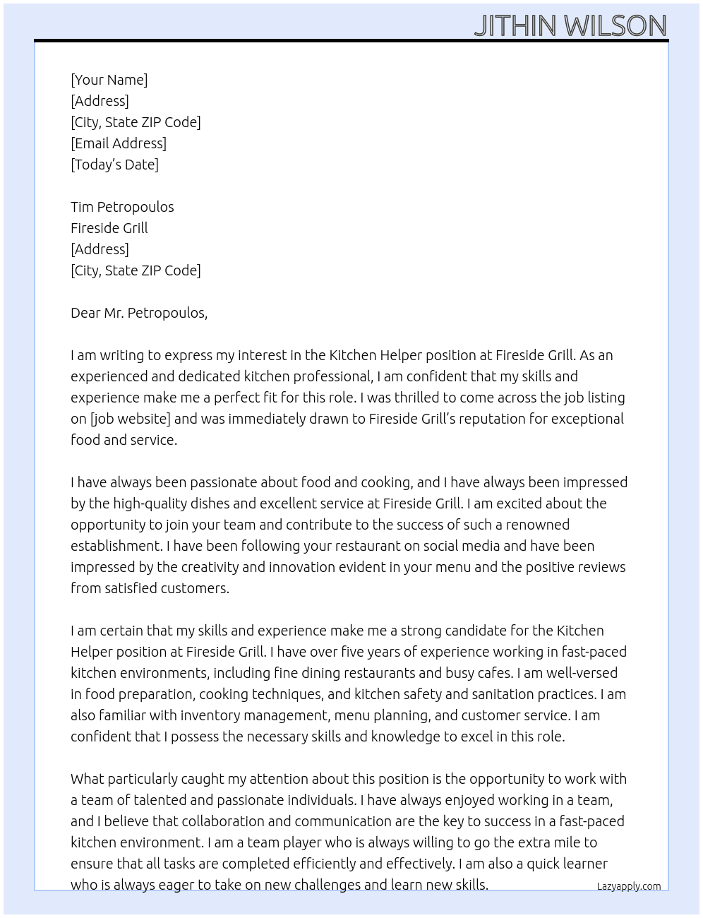 Kitchen helper At Fireside grill Cover Letter