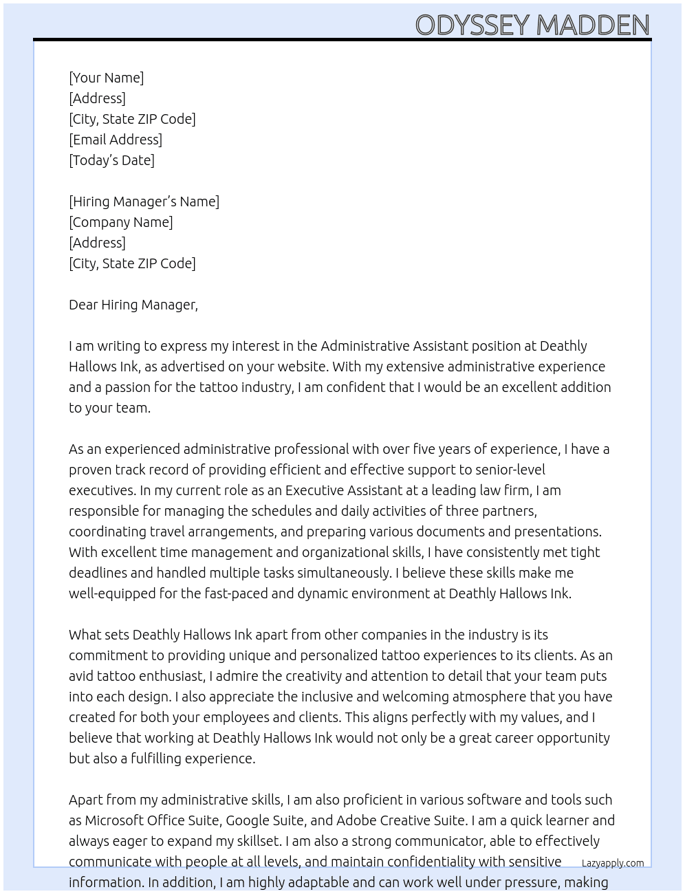 Administrative Assistant At Deathly Hallows Ink Cover Letter