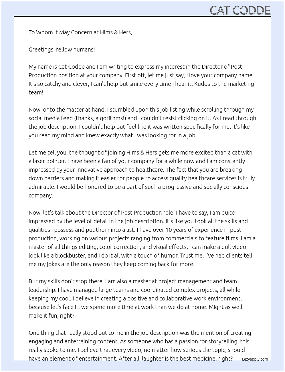 Director of Post Production At Hims & Hers Cover Letter