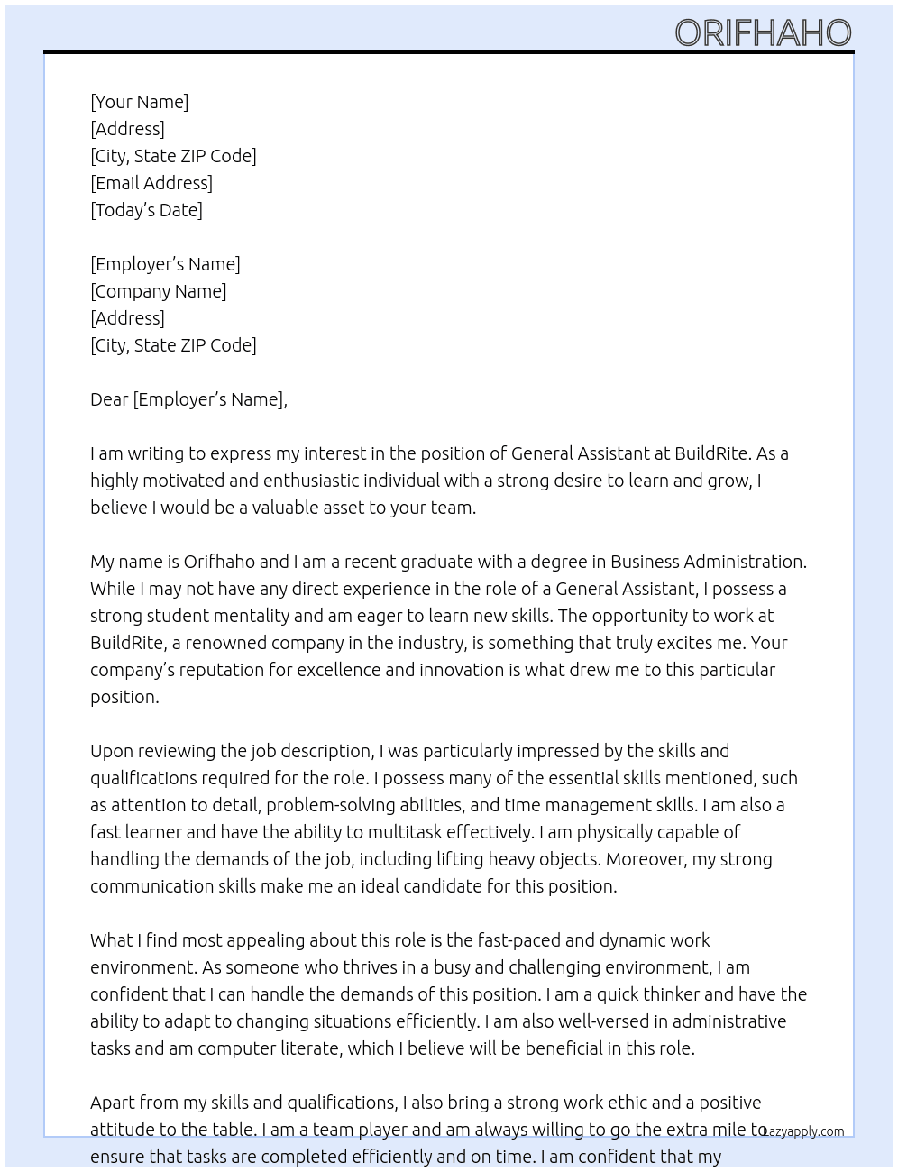 General Assistant At BuildRite Cover Letter