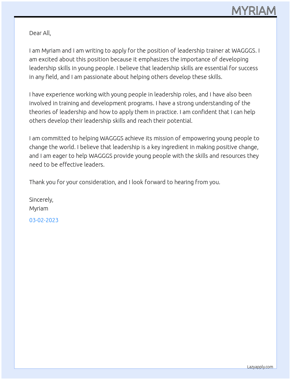 Leadership trainer At WAGGGS Cover Letter
