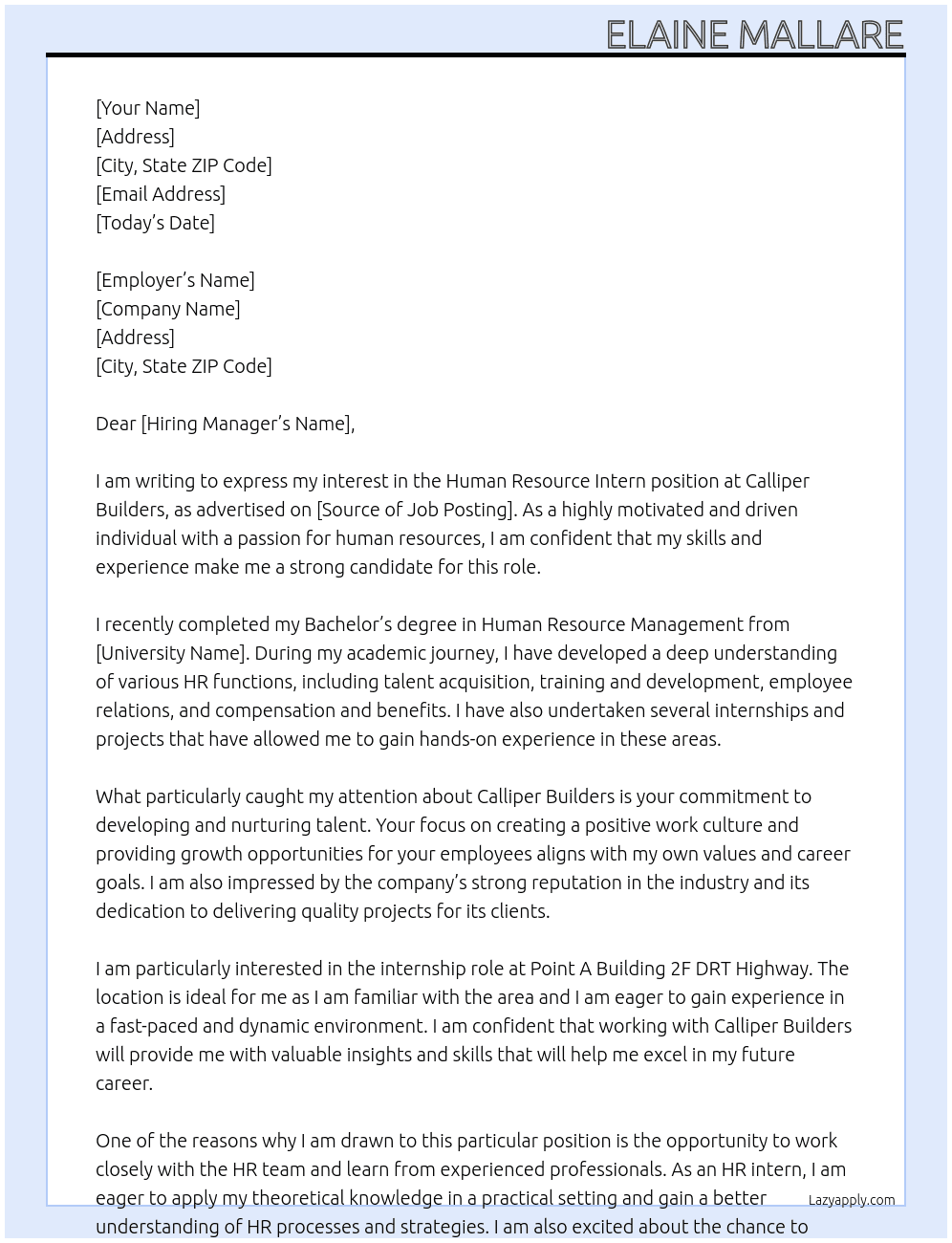 Human Resource Intern At Calliper Builders Cover Letter