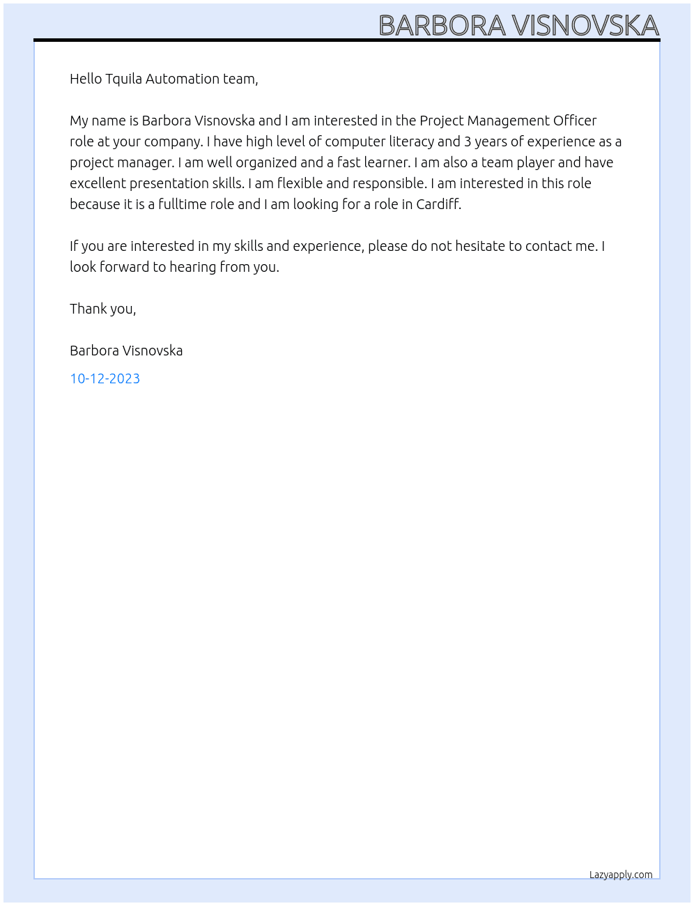 Project Management Officer At Tquila Automation Cover Letter