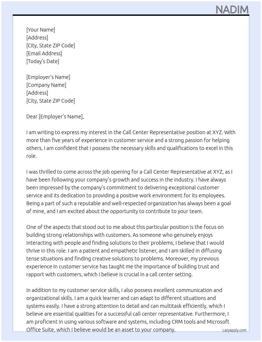 Call Center Representative At Xyz Cover Letter