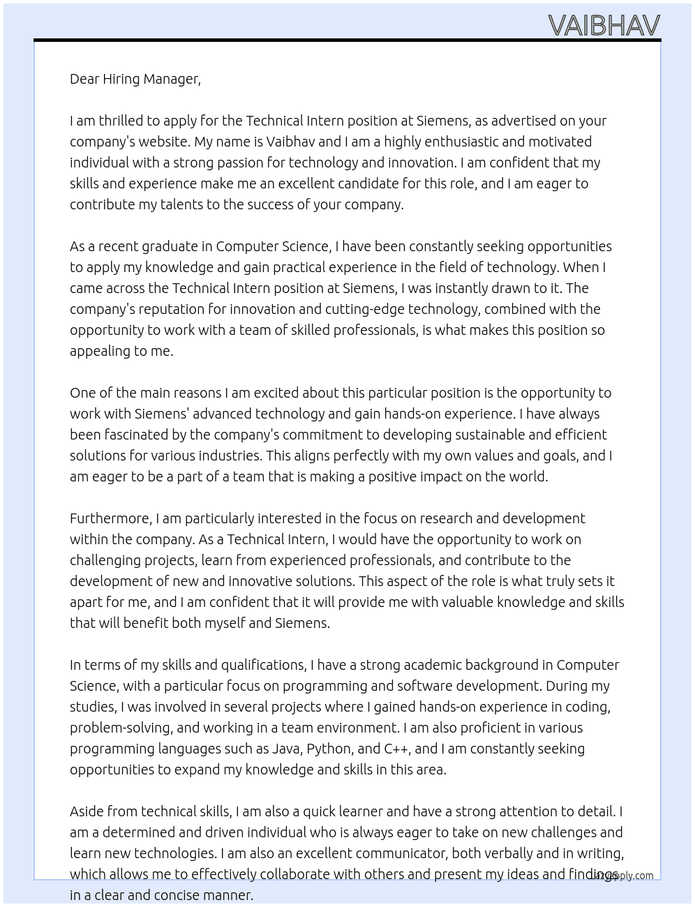 Technical Intern At Siemens Cover Letter
