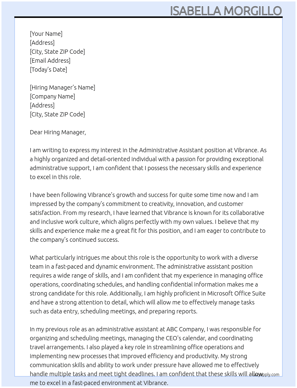 Administrative Assistant At Vibrance Cover Letter