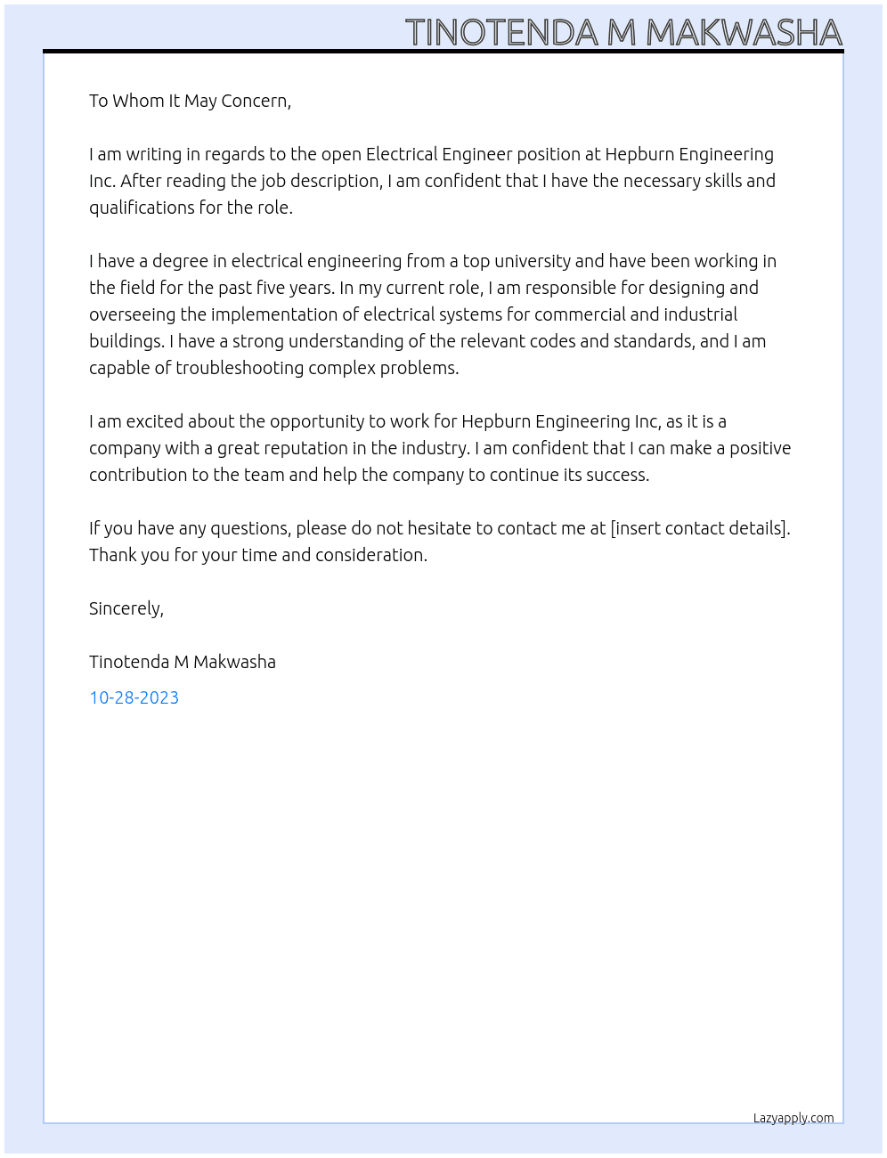 Electrical Engineer  At Hepburn Engineering Inc Cover Letter
