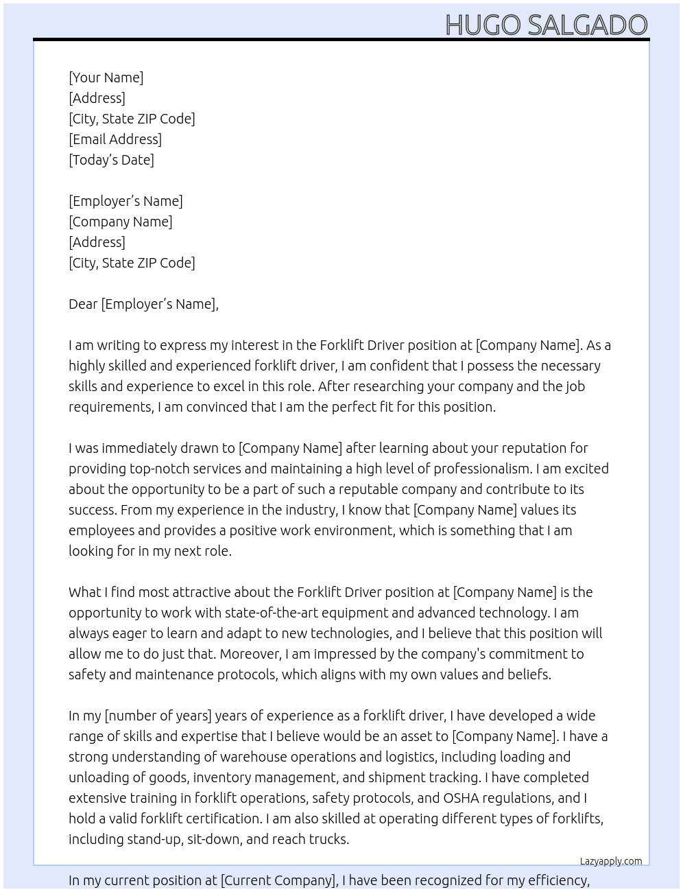 fork lift driver At fork lift driver job Cover Letter