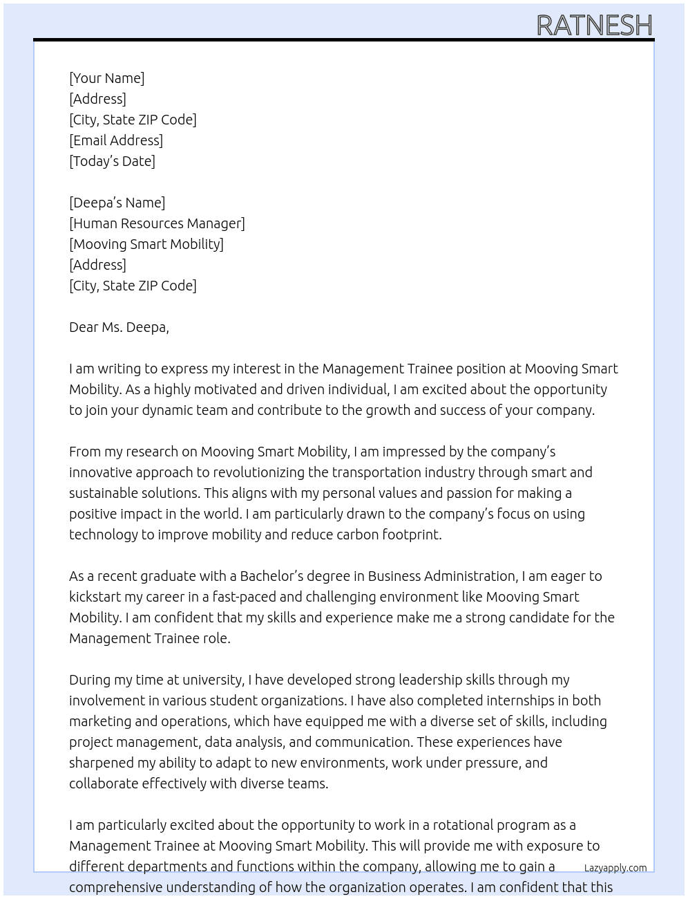 Managment Trainee At Mooving Smart Mobility Cover Letter
