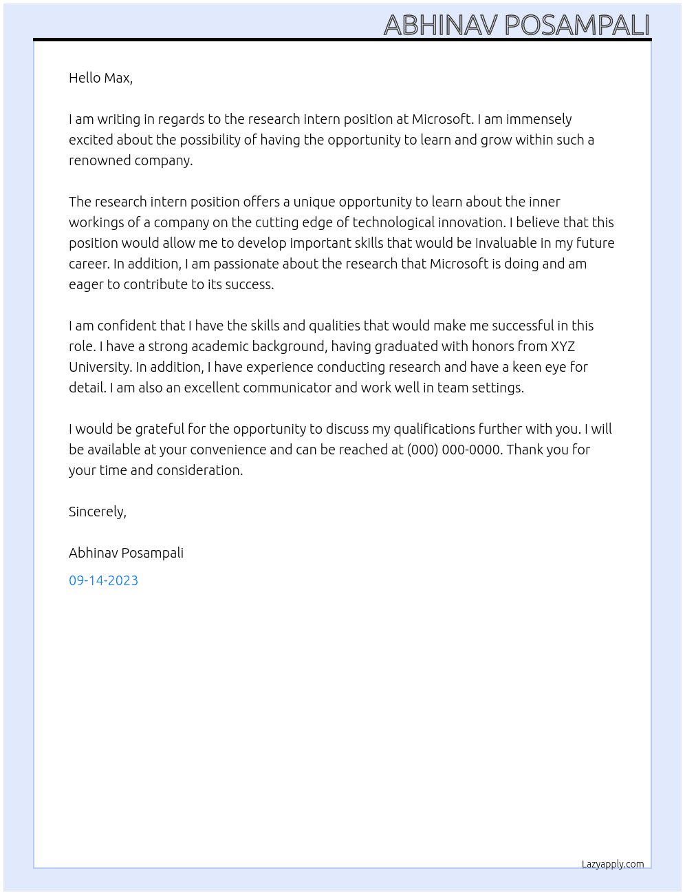 Research intern At Microsoft Cover Letter