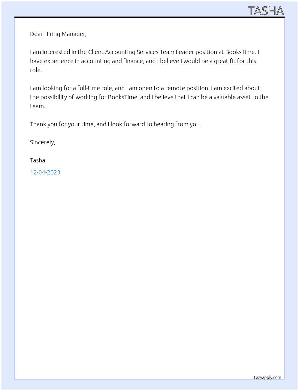 Client Accounting Services Team Leader At BooksTime Cover Letter