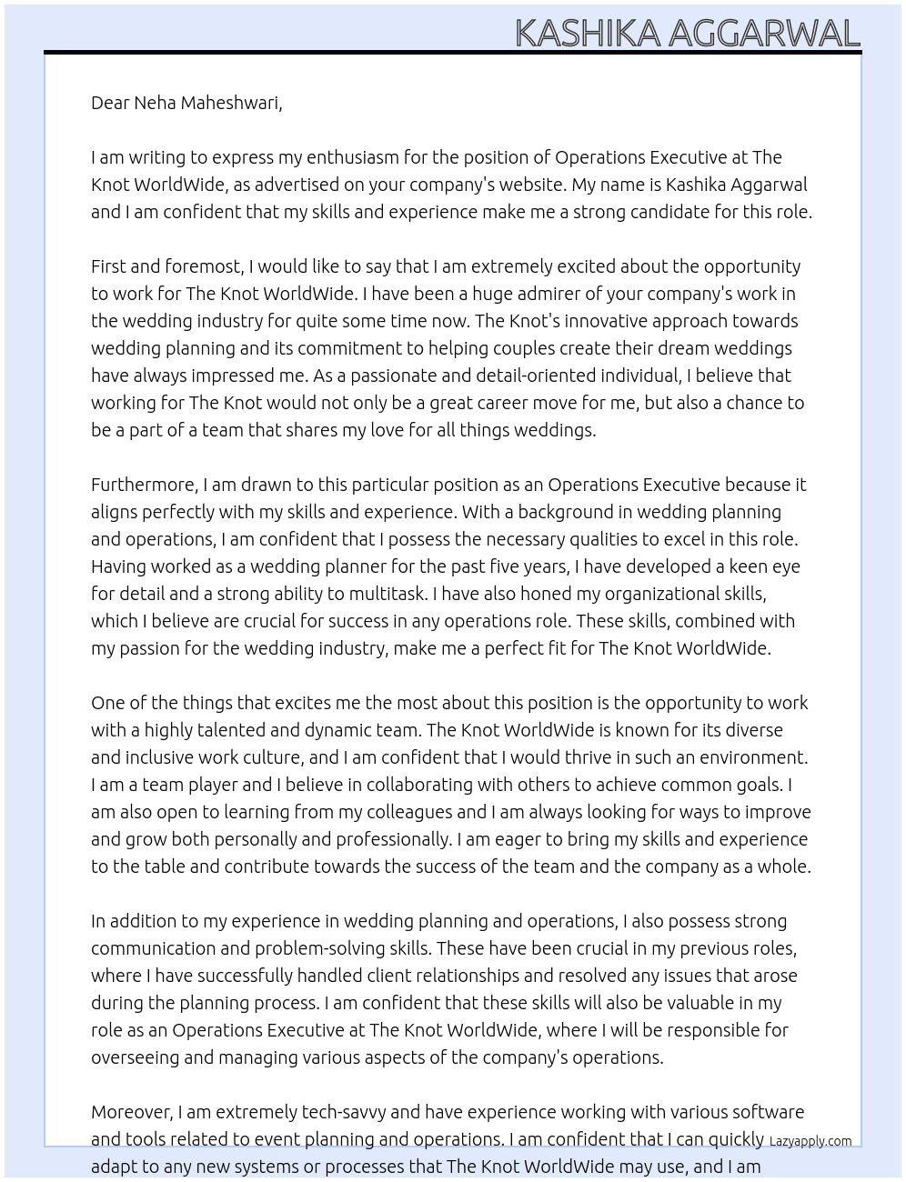 Operations Executive At The Knot WorldWide Cover Letter