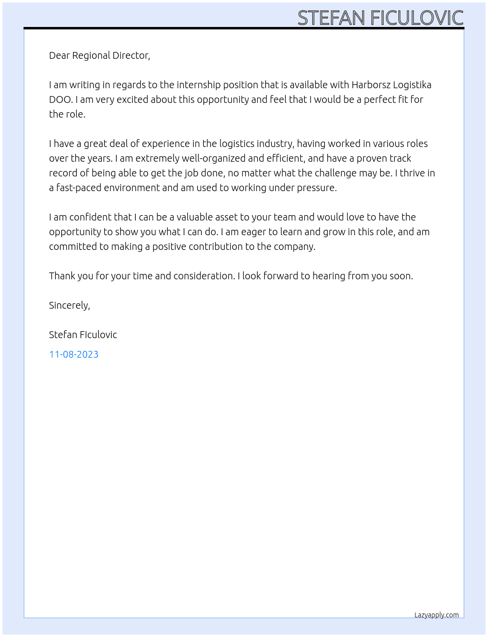 Intern At Harborsz Logistika DOO Cover Letter