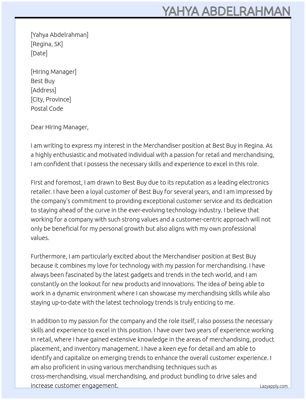 Merchandiser At Best Buy Cover Letter