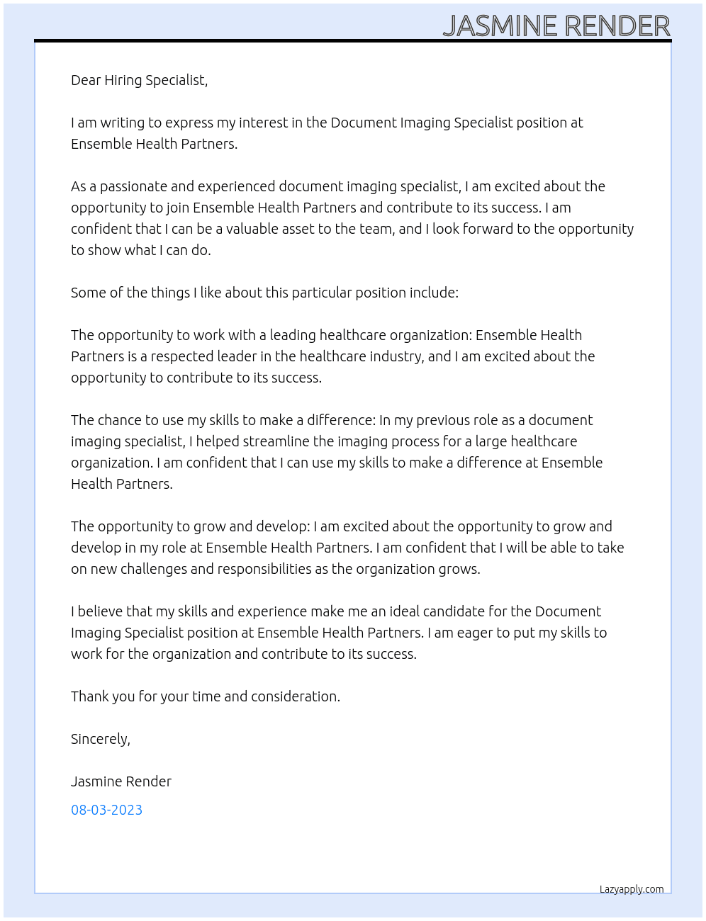 Document Imaging Specialist At Ensemble Health Partners Cover Letter