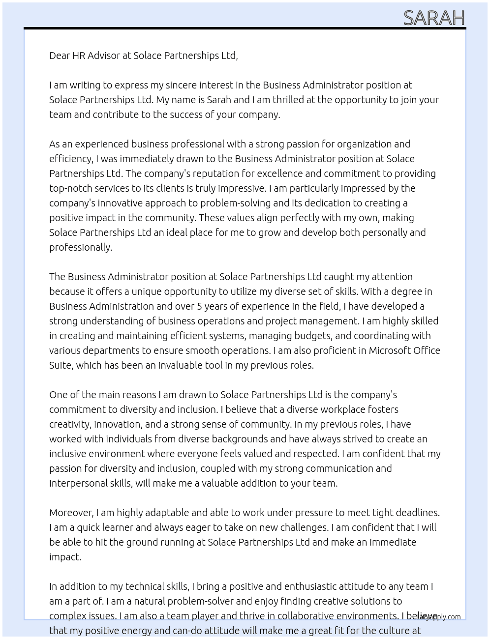 Business Administrator At Solace Partnerships ltd Cover Letter