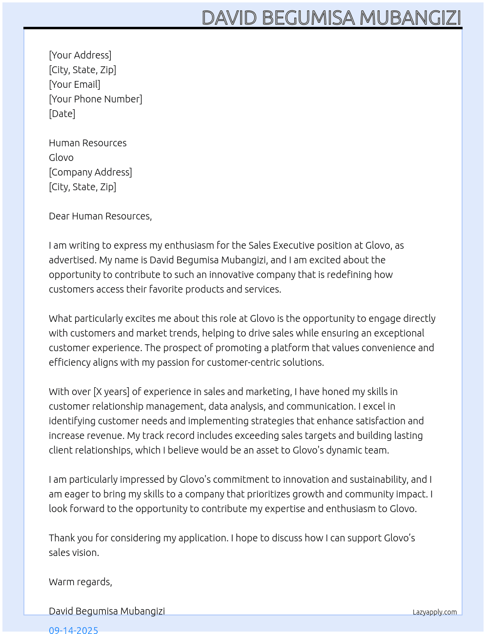 Sales Executive  At Glovo Cover Letter