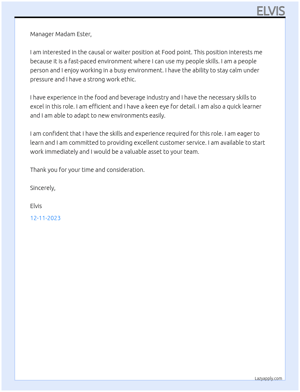 Causal or waiter At Food point  Cover Letter