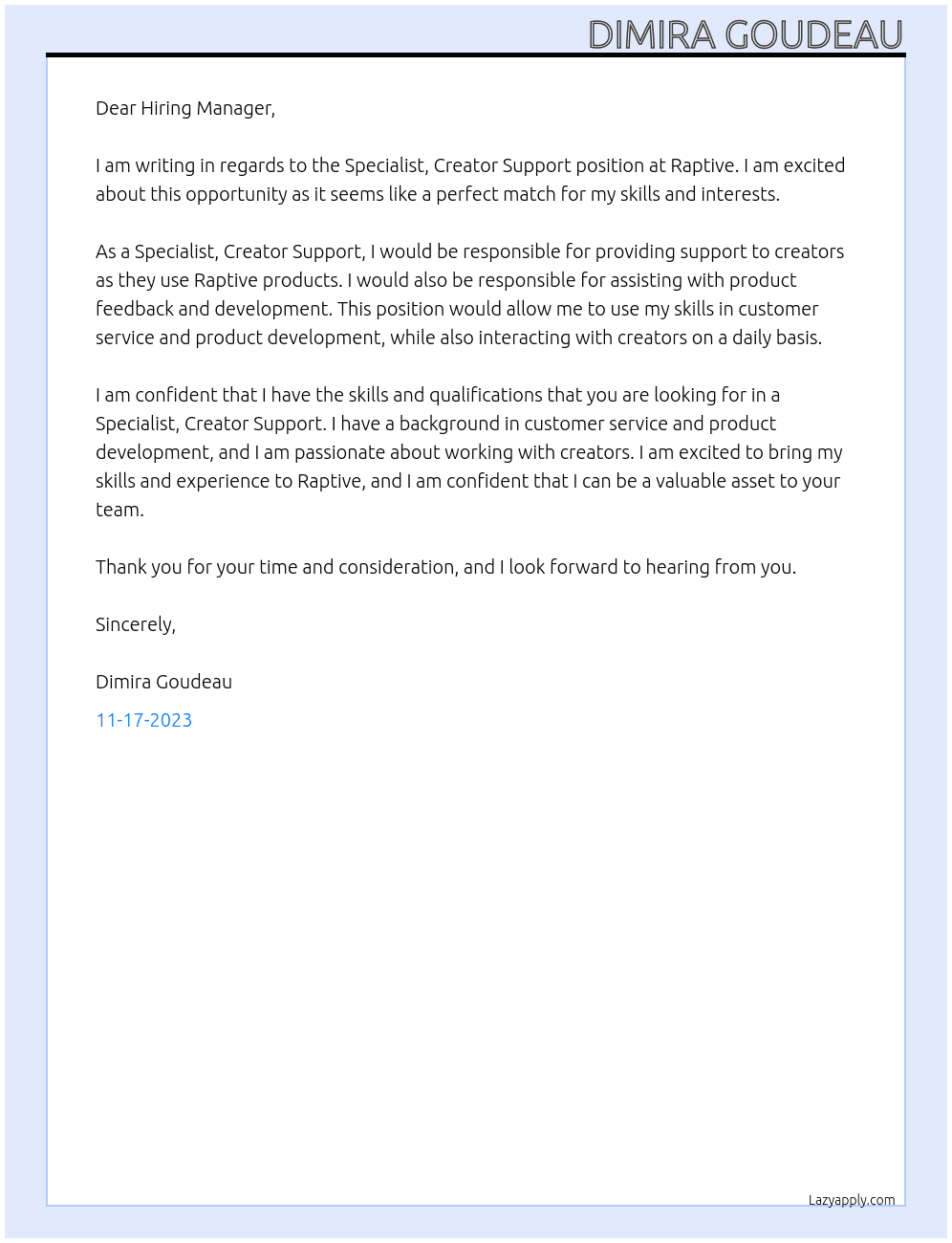 Specialist, Creator Support At Raptive Cover Letter