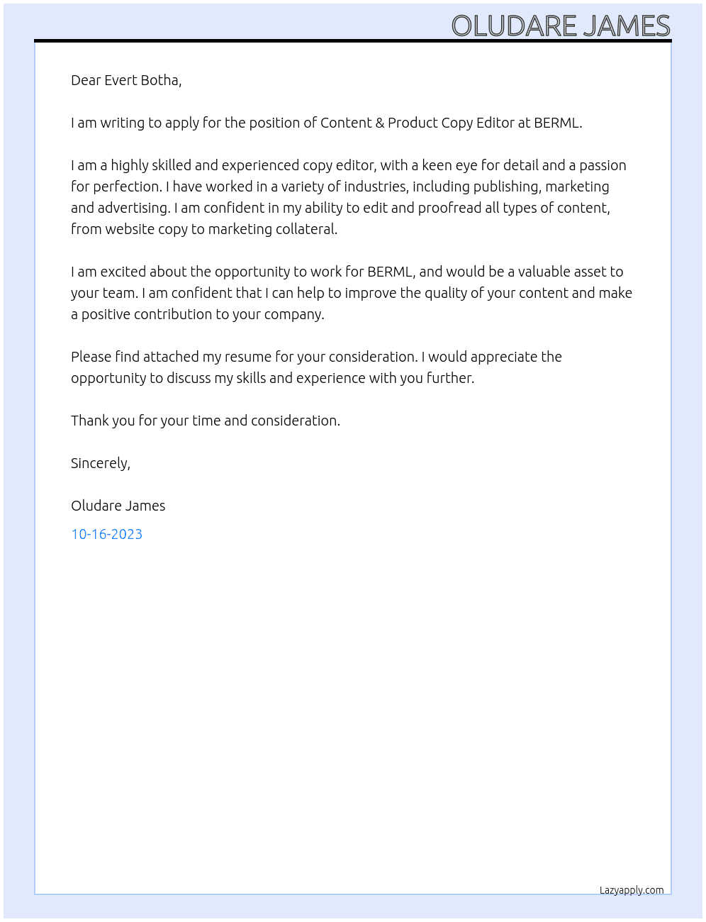 Content & Product Copy Editor At BERML Cover Letter