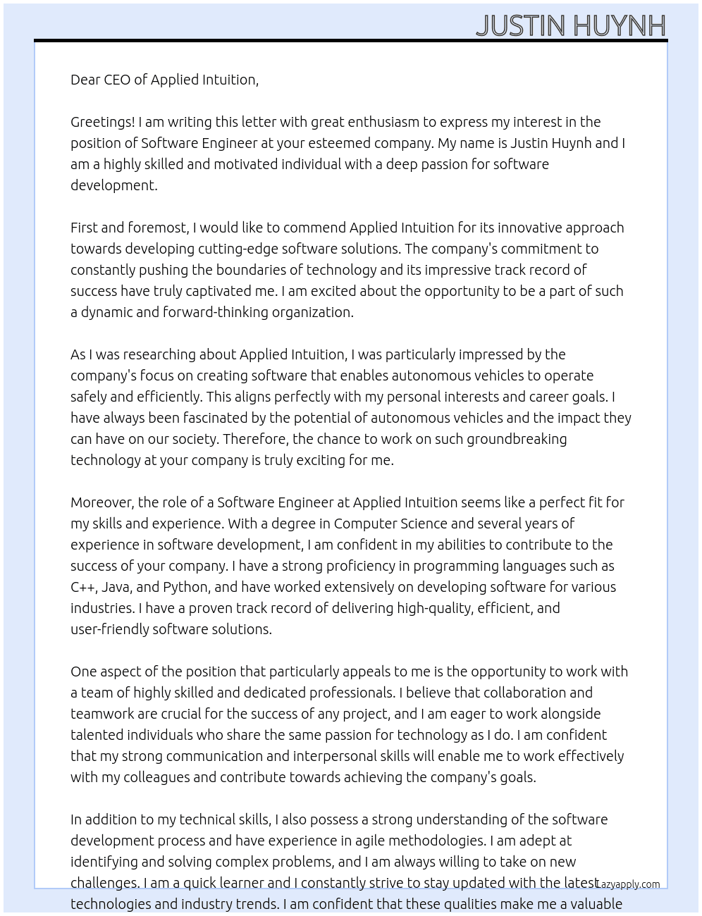 software engineer At Applied Intuition Cover Letter