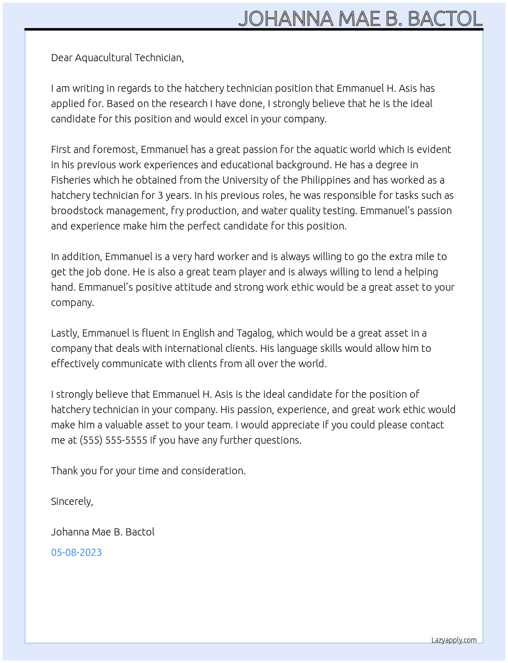 Hatchery Technician At Aquacultural Technician Cover Letter
