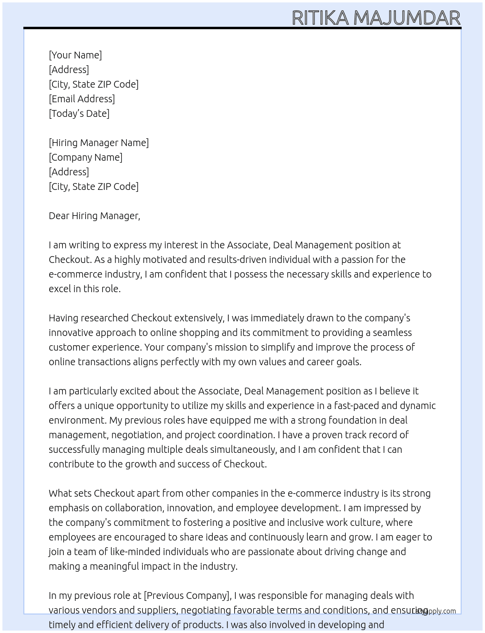 Associate, Deal Management At Checkout Cover Letter
