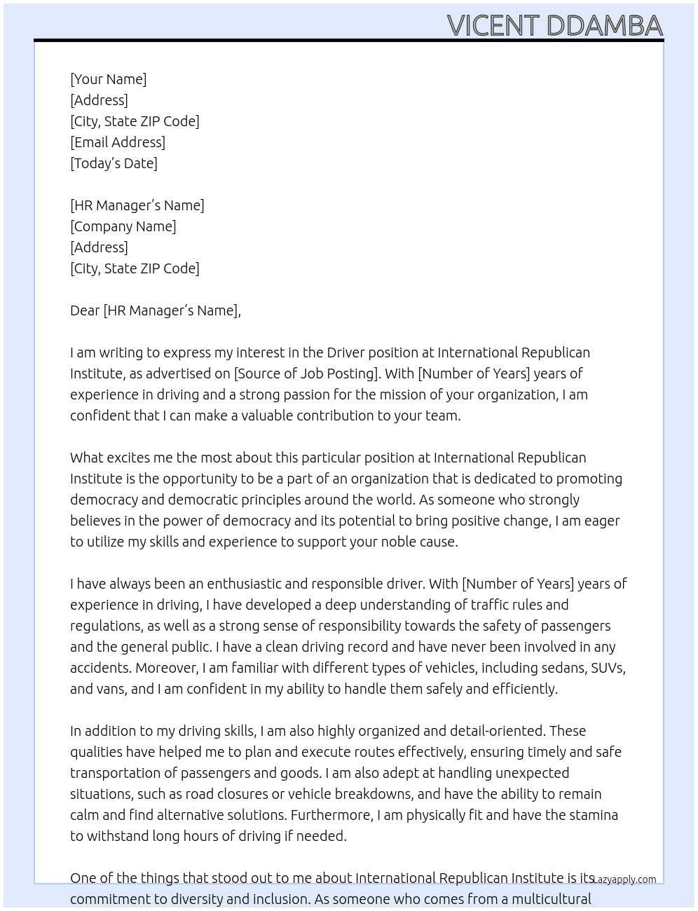 Driver At International Republican Institute Cover Letter