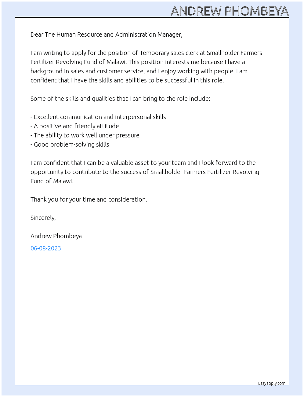 Temporary sales clerk At Smallholder Farmers Fertilizer Revolving Fund of Malawi  Cover Letter