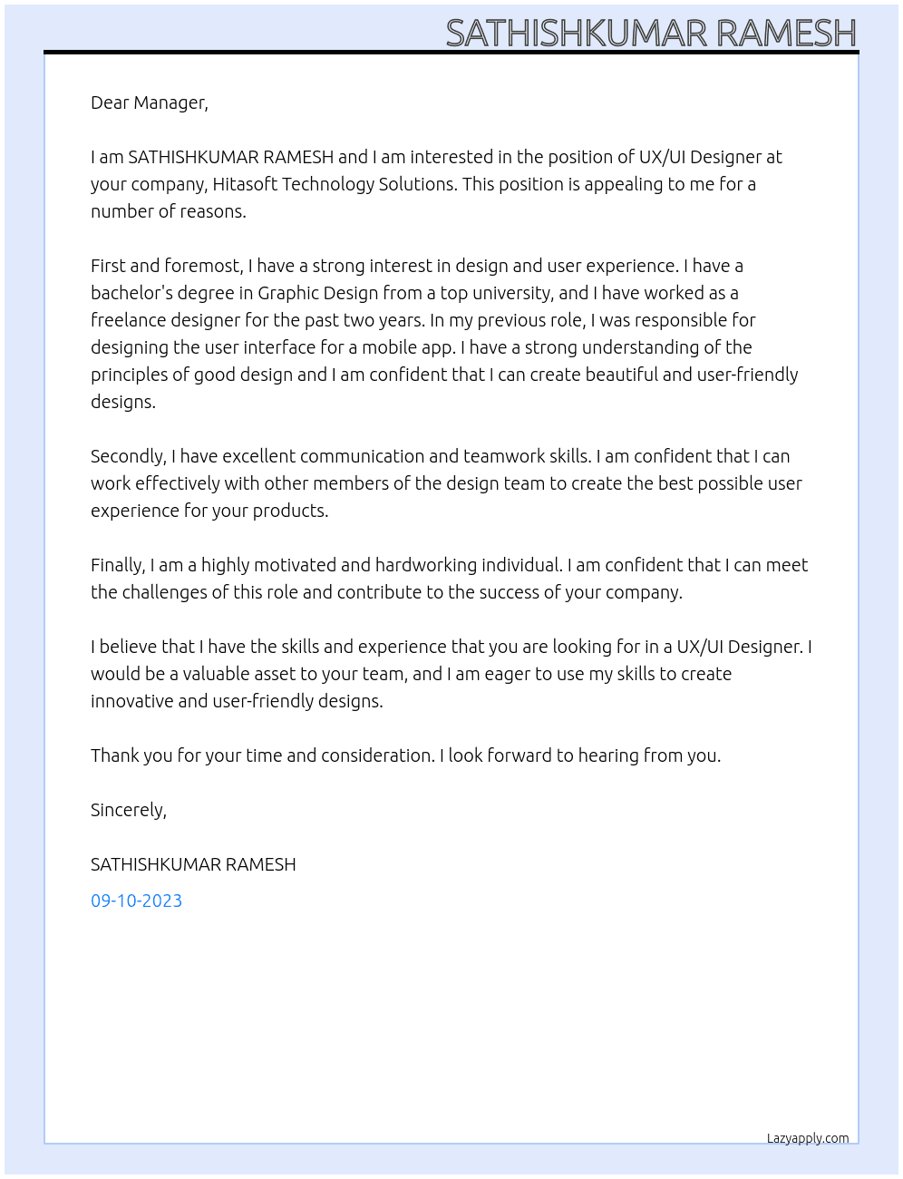 UX/UI Designer At Hitasoft Technology Solutions Cover Letter