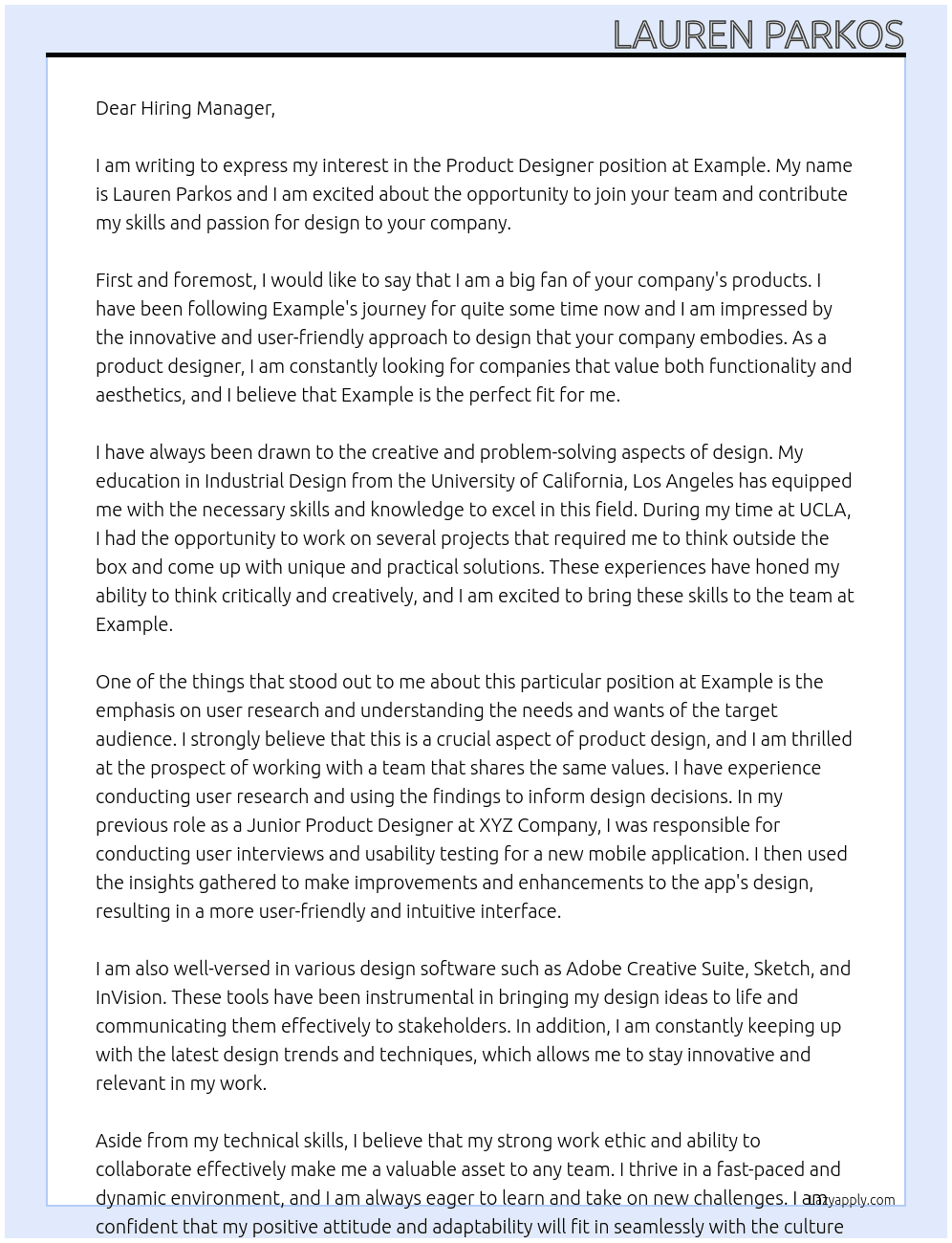 Product Designer At Example Cover Letter