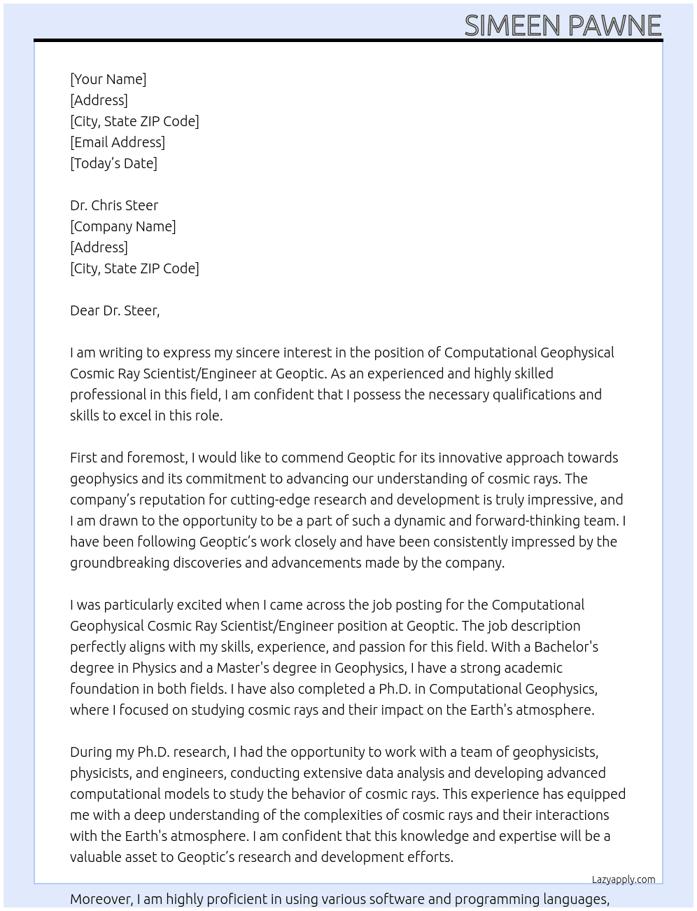 Computational Geophysical Cosmic Ray Scientist/Engineer At Geoptic Cover Letter