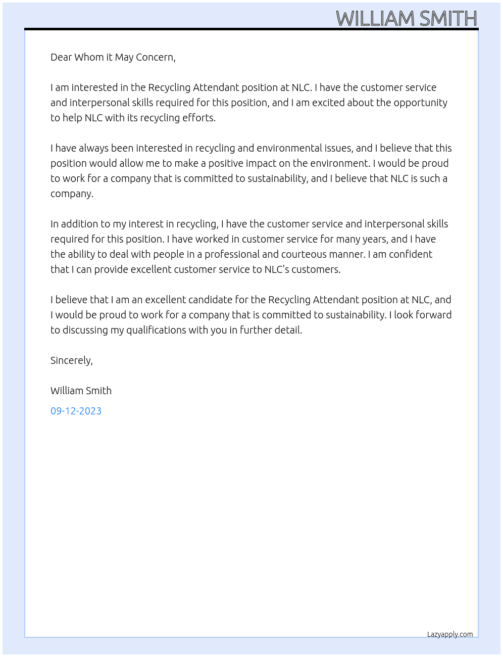 Recycling Attendant At NLC Cover Letter