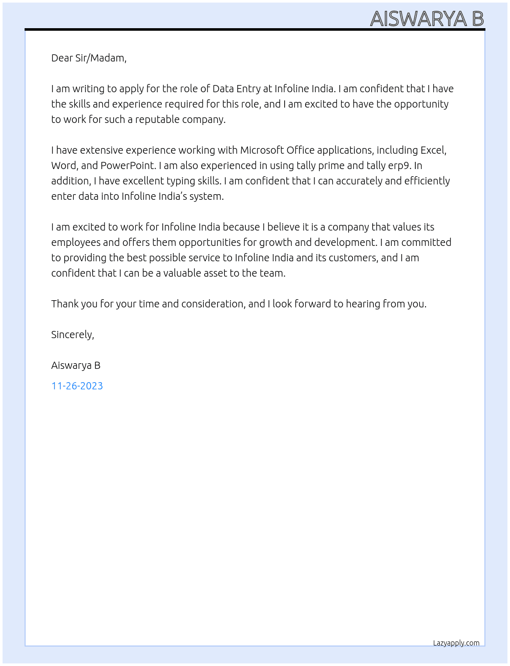 Data entry At Infoline india Cover Letter