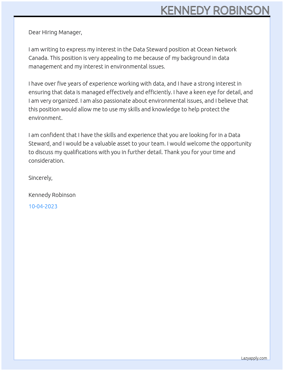 Data Steward At Ocean Network Canada Cover Letter