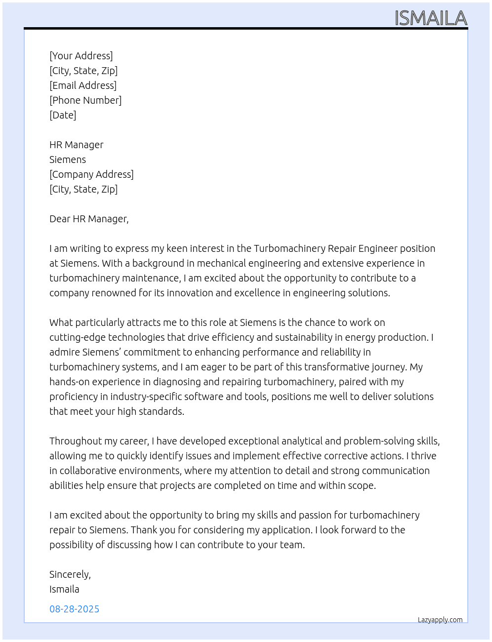 Cover letter for turbomachinery repair engineer - LazyApply
