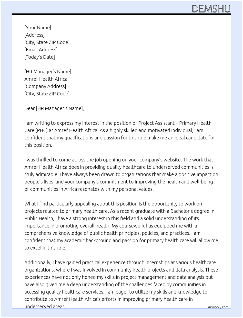 Project Assistant – Primary Health Care (PHC),  At Amref health Africa Cover Letter