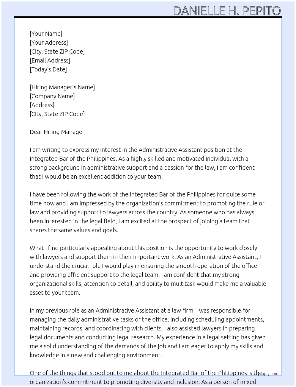 Administrative Assistant At Integrated Bar of the Philippines Cover Letter
