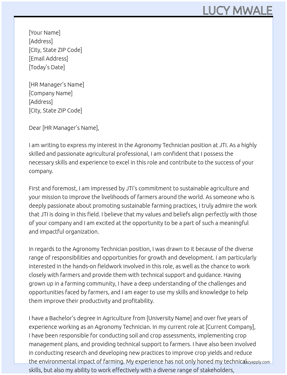 Agronomy Technician At JTI Cover Letter
