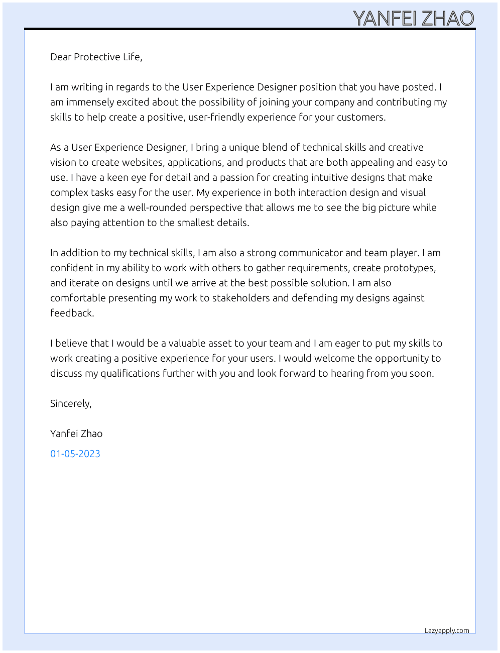 User Experience Designer At Protective Life Cover Letter